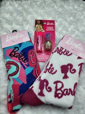 Barbie Pink & Multicolor Lip Balm + Nail Polish Gift Set with Crew Socks